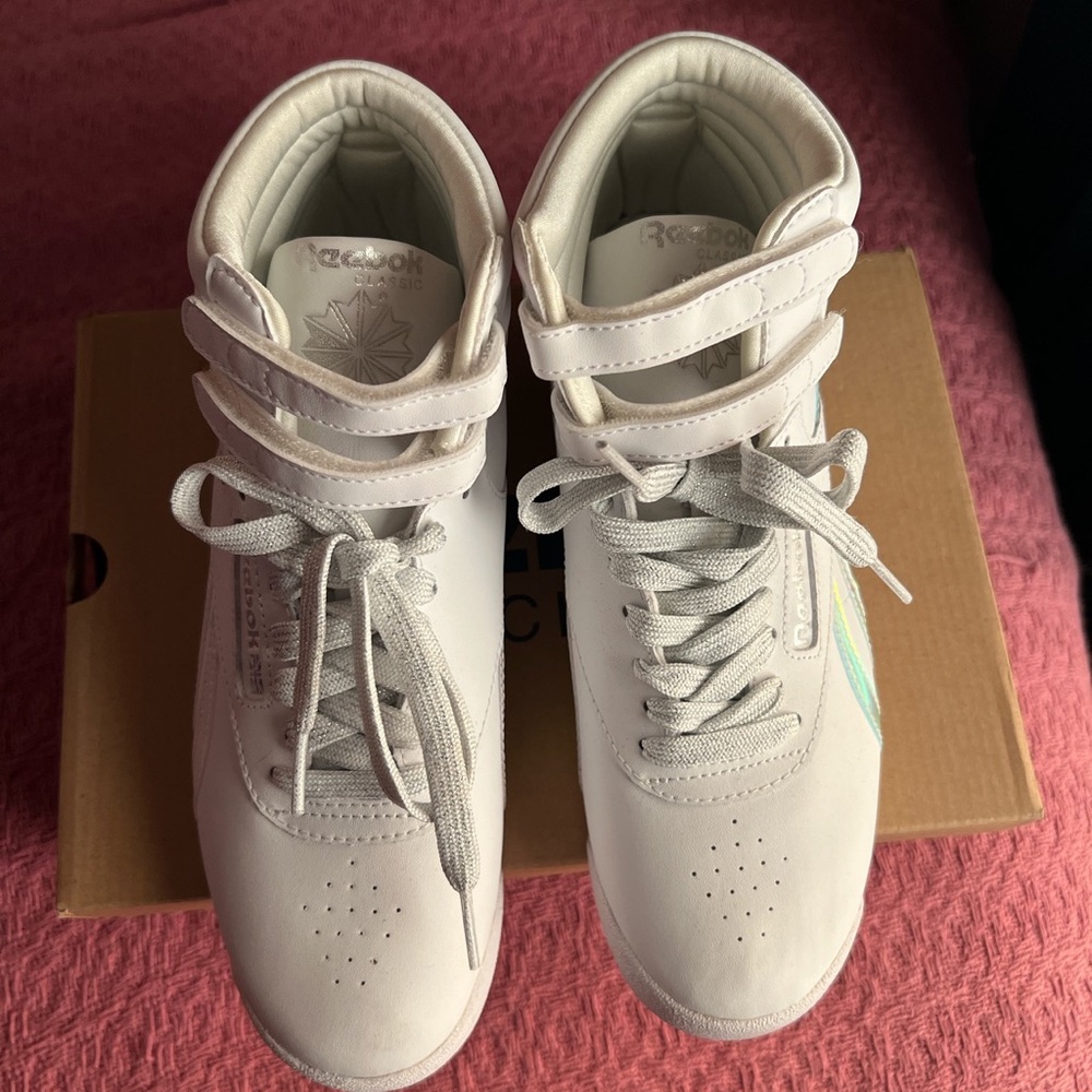White with iridescent strips on the side Reeboks